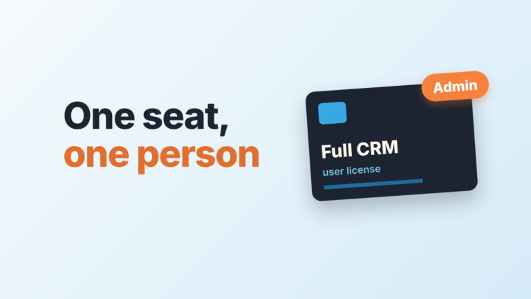 Dark license card marked Full CRM with an orange Admin tag attached, next to the words one seat, one person