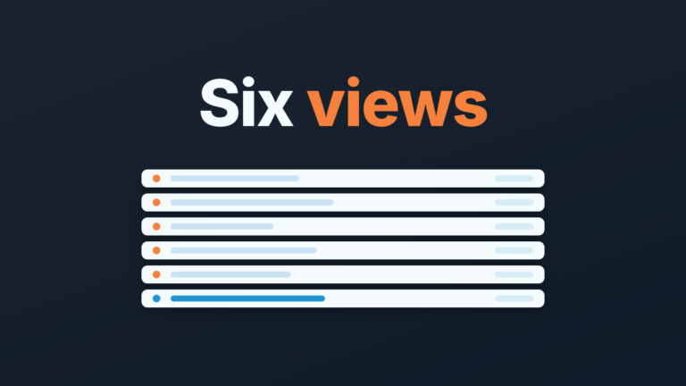 Six stacked list rows, five marked orange and one blue, on a dark background