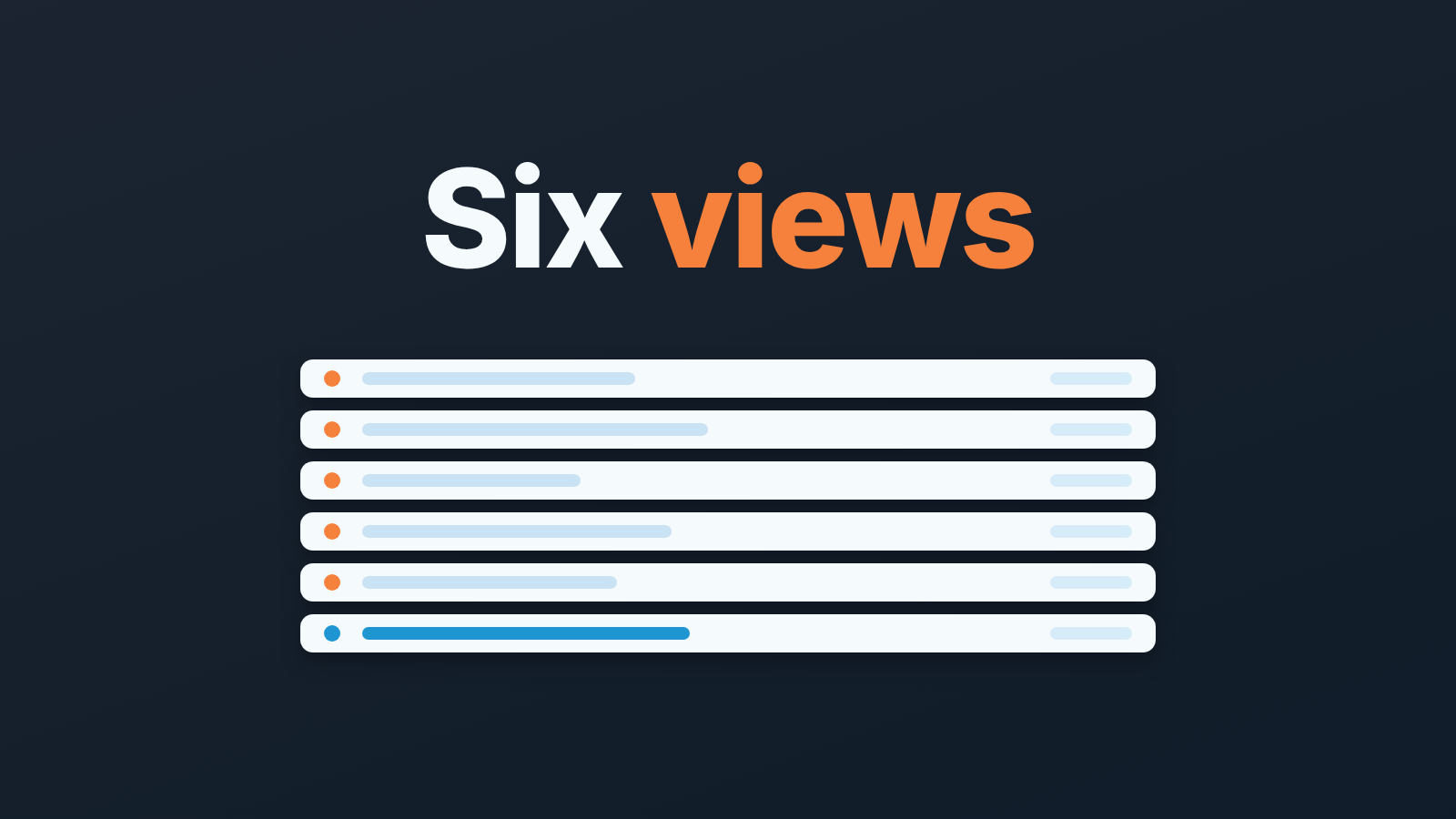 Six stacked list rows, five marked orange and one blue, on a dark background