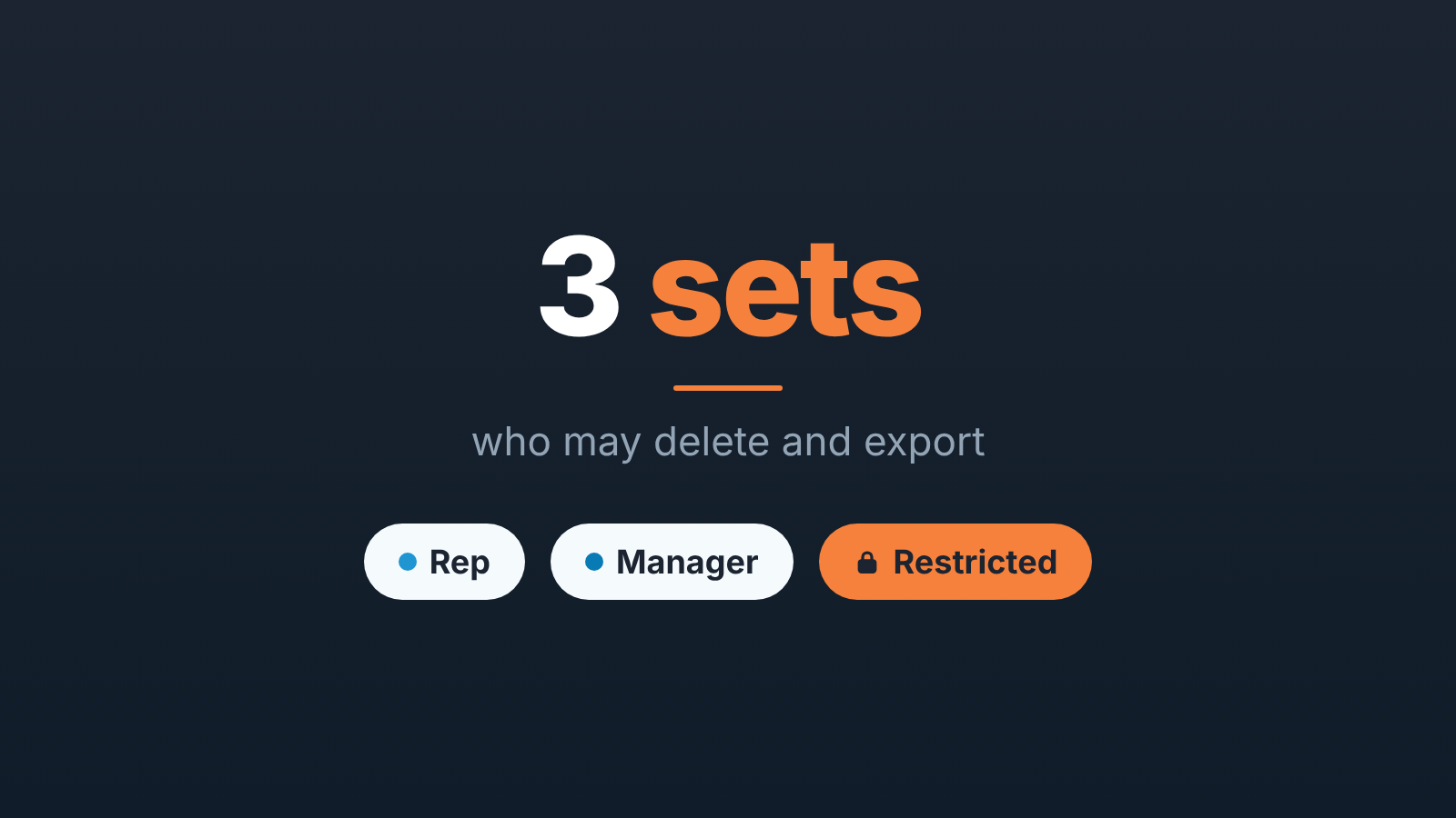 Cover: "3 sets" in large type and three chips, Rep, Manager and a locked Restricted one, for who may delete and export