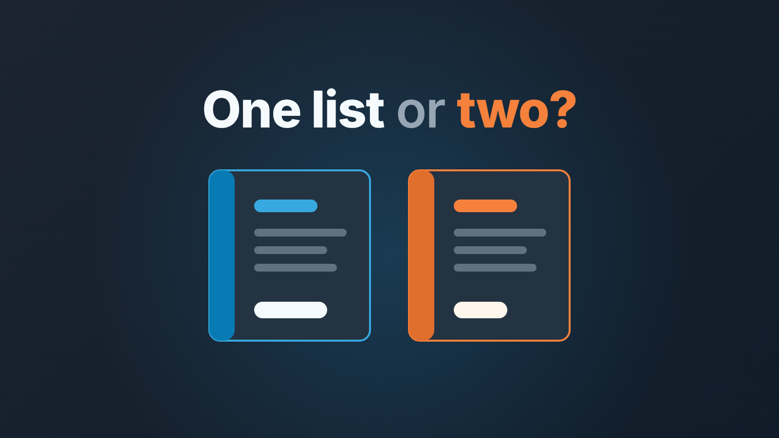 Two price books side by side, a blue standard one and an orange custom one, under the question one list or two