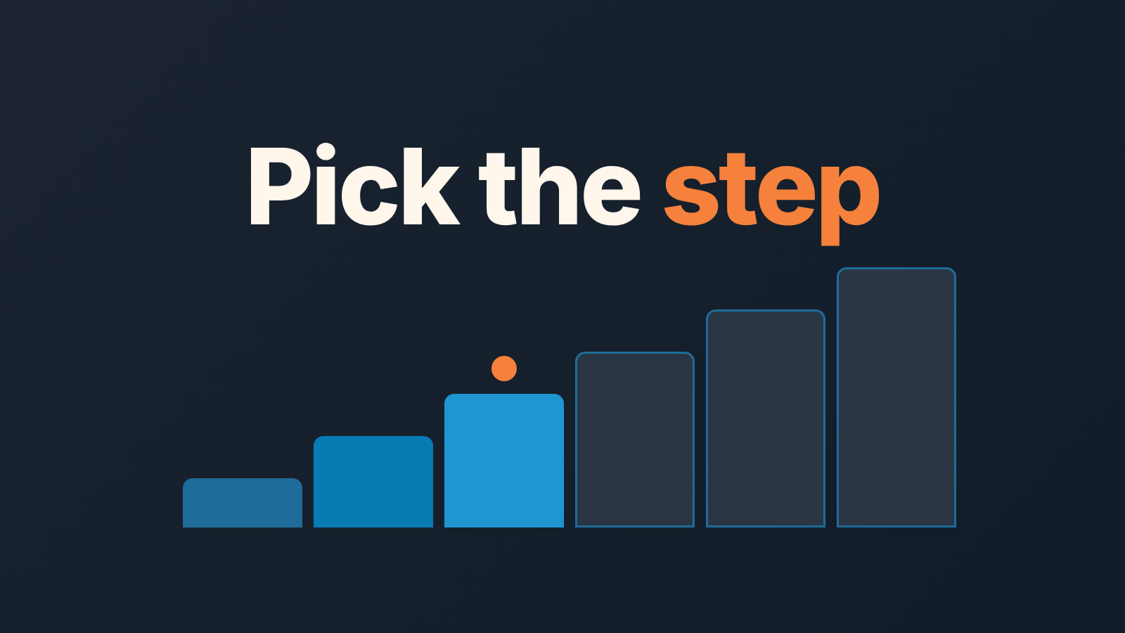 Six rising steps, the third marked with an orange dot, under the words "Pick the step"