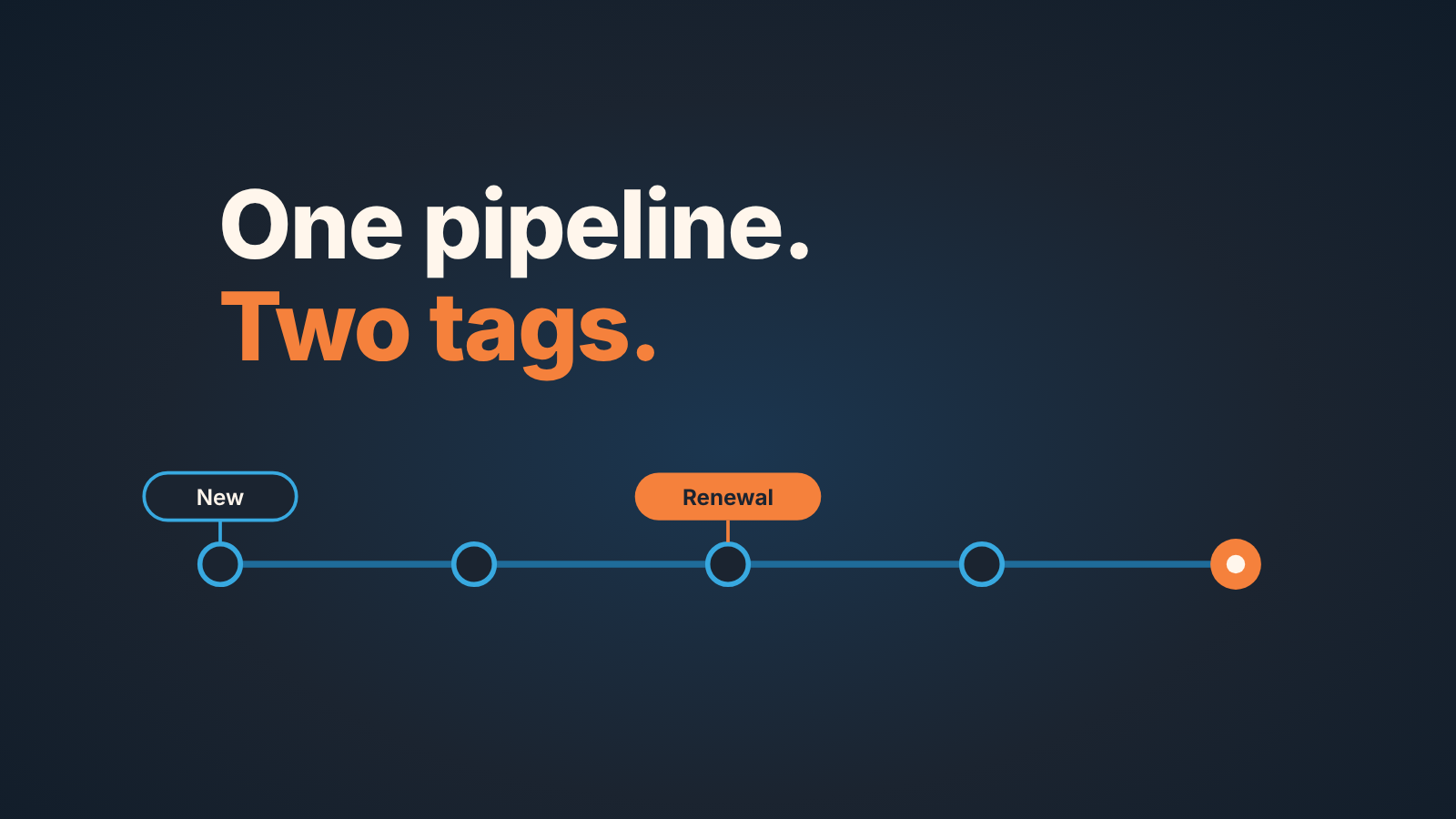 Schematic of one deal pipeline with two tags, New and Renewal, entering at different points on the same line
