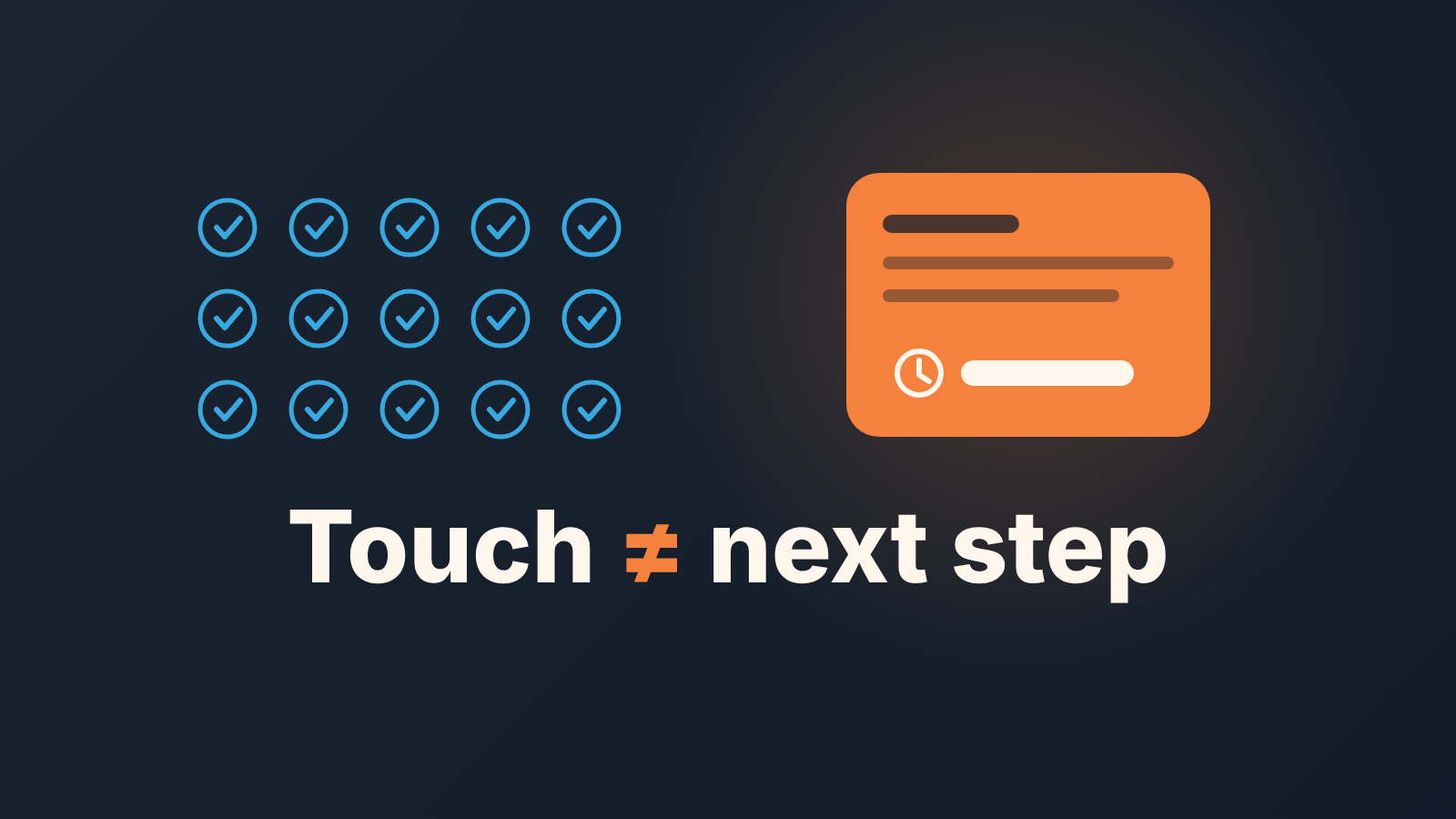 Cover: a grid of completed check marks beside one orange task card with a clock, with the words Touch is not next step.