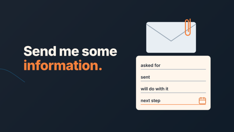 Email envelope with a paperclip above a note card with four lines: asked for, sent, will do with it, next step