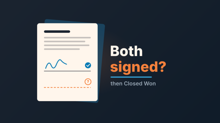 Contract sheet with two signature lines: one signed and ticked, one still empty, next to the question "Both signed?"