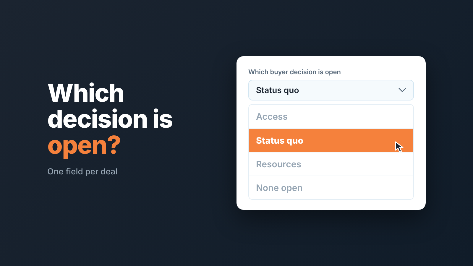 Dropdown deal field "Which buyer decision is open" with four values, Status quo highlighted as the open decision