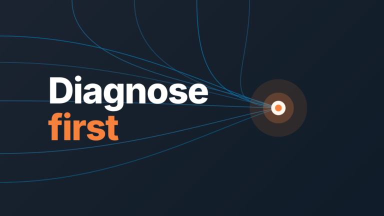 Cover: thin lines from several directions converge on one glowing orange point beside the words "Diagnose first"