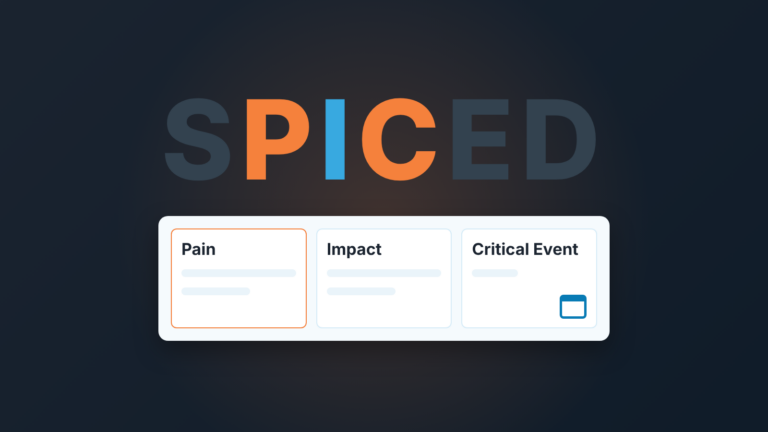 SPICED lettering with P, I and C highlighted above three field cards: Pain, Impact and Critical Event