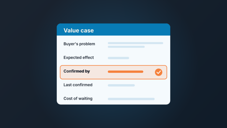 Deal record with a "Value case" field group: buyer's problem, expected effect, confirmed by, last confirmed, cost of waiting