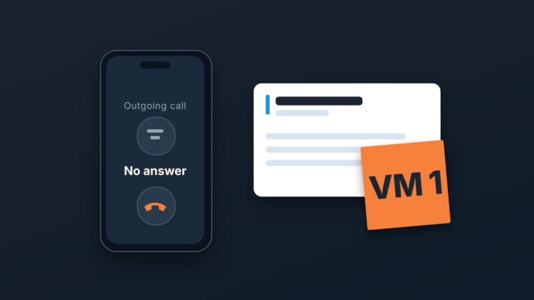 Phone showing an unanswered outgoing call beside a generic deal card with a sticky note reading VM 1