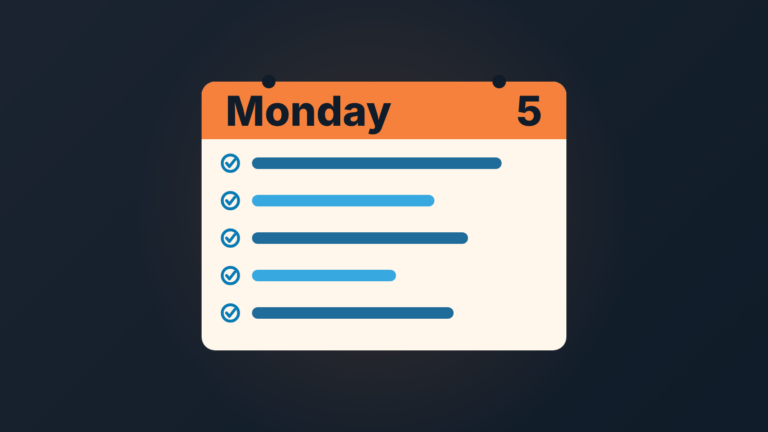 Flat illustration of a Monday calendar sheet with an orange header and five checked rows, one for each dashboard component