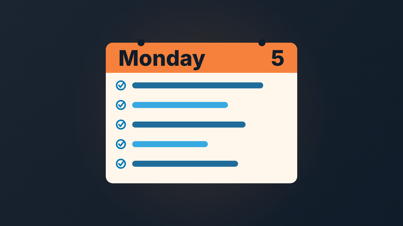 Flat illustration of a Monday calendar sheet with an orange header and five checked rows, one for each dashboard component