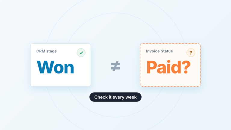 Two cards side by side: the CRM stage "Won" is not the same as "Paid?" in the invoice status field.