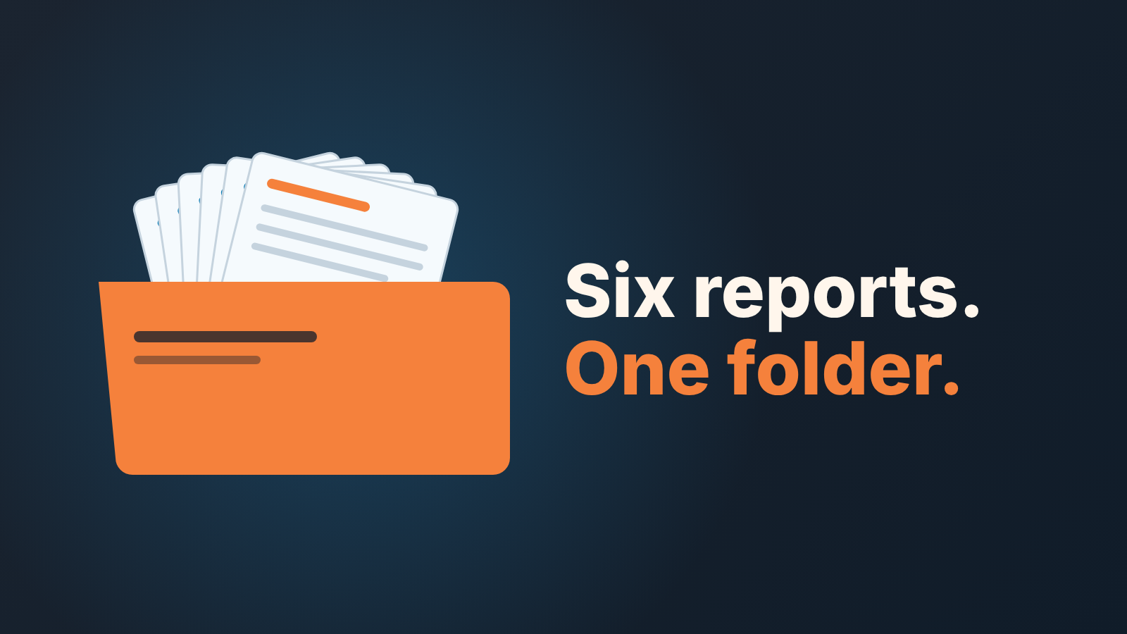Cover: six report sheets in one folder with the words Six reports. One folder.