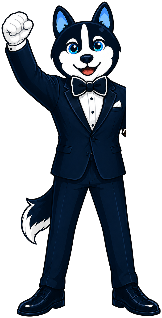 SalesBond husky holding the Impact card, fist raised in celebration