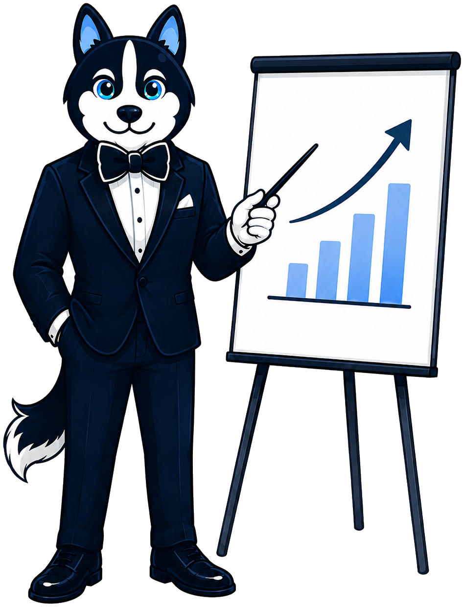 SalesBond husky presenting a rising sales chart